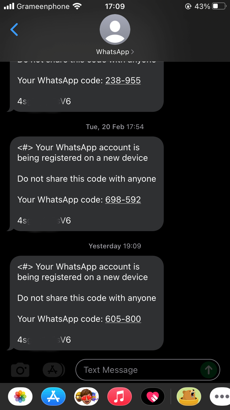 Asad receving SMS from WhatsApp bearing `<#>` which means the SMS is intended for an Android device with the SIM installed in it, but my friend uses an iPhone.