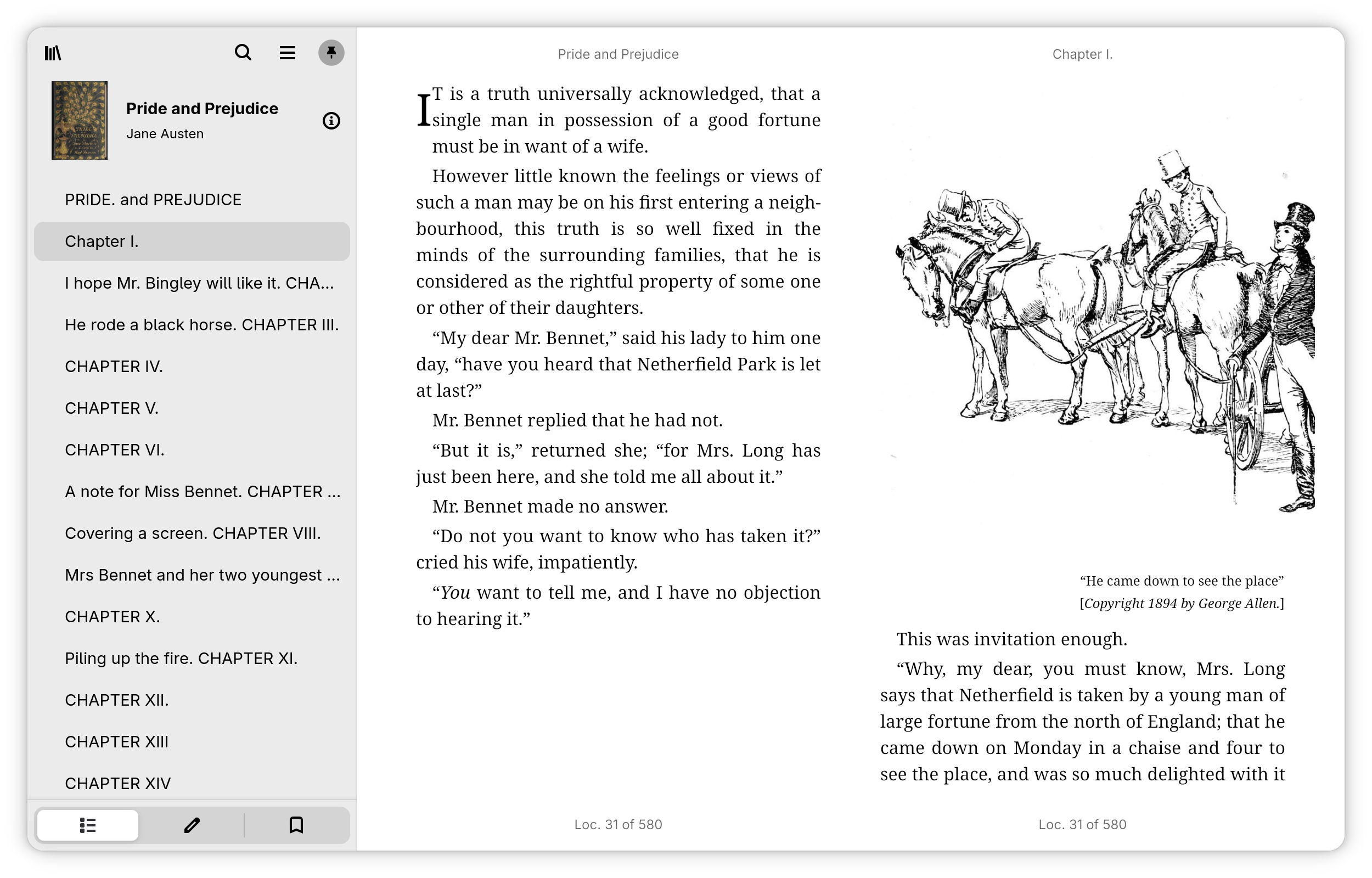 First pages of “Pride and Prejudice” opened on Foliate